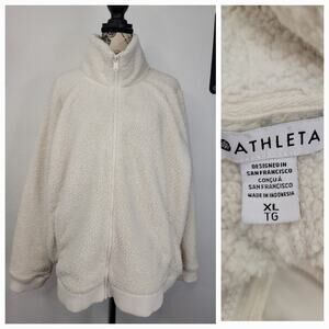 Athleta Tugga Jacket Sz XL Cream Ivory Sherpa Full Zip Cozy Pockets 860111